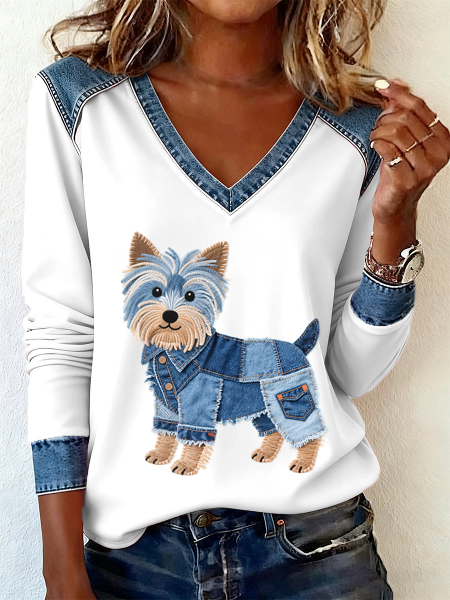 Women's Denim Patchwork Art Yorkshire Terrier Dog Pattern V-neck Long Sleeve T-Shirt gracestitchs