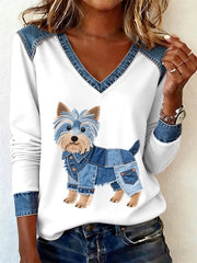 Women's Denim Patchwork Art Yorkshire Terrier Dog Pattern V-neck Long Sleeve T-Shirt gracestitchs