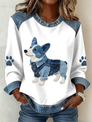 Women's Lovely Corgi Dog Pattern Denim Patchwork Sweatshirt gracestitchs