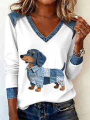 Women's Denim Patchwork Art Dachshund Dog Pattern V-neck Long Sleeve T-Shirt