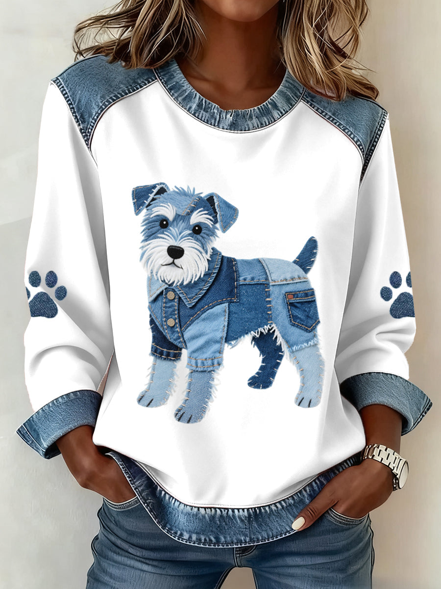Women's Lovely Schnauzer Dog Pattern Denim Patchwork Sweatshirt gracestitchs