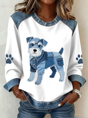 Women's Lovely Schnauzer Dog Pattern Denim Patchwork Sweatshirt gracestitchs