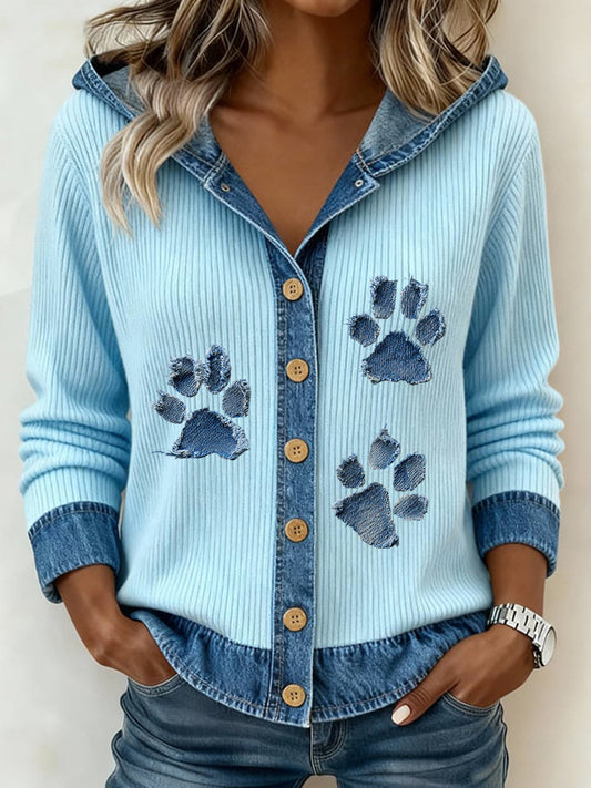Women's Paw Print Denim Patchwork Cardigan gracestitchs