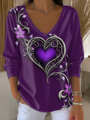 Women's Vintage Purple Floral Art Print V-Neck T-Shirt gracestitchs
