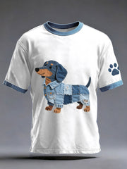 Men's Denim Patchwork Art Dachshund Dog Pattern Washed T-Shirt gracestitchs