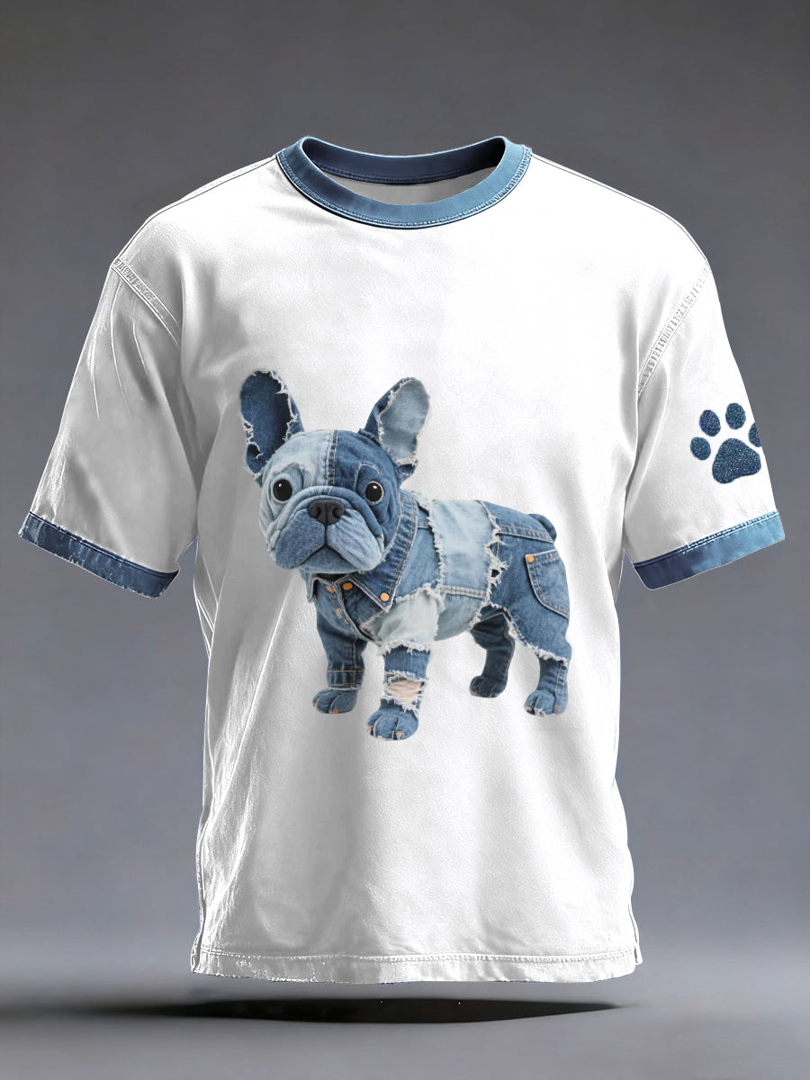 Men's Denim Patchwork Art French Bulldog Pattern Washed T-Shirt gracestitchs