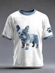 Men's Denim Patchwork Art French Bulldog Pattern Washed T-Shirt gracestitchs