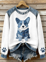 Women's Lovely Corgi Pattern Denim Patchwork Waffle Sweatshirt gracestitchs