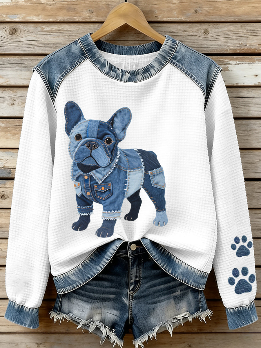 Women's Lovely French Bulldog Pattern Denim Patchwork Waffle Sweatshirt gracestitchs