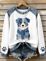 Women's Lovely Australian Shepherd Pattern Denim Patchwork Waffle Sweatshirt gracestitchs