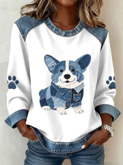 Women's Lovely Corgi Pattern Denim Patchwork Sweatshirt gracestitchs