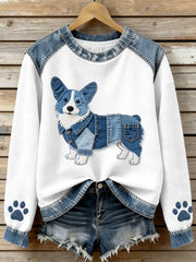 Women's Lovely Corgi Pattern Denim Patchwork Waffle Sweatshirt gracestitchs