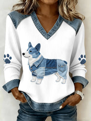 Women's Lovely Corgi Pattern Denim Patchwork V-Neck Top gracestitchs