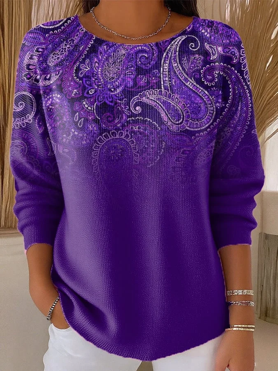 Women's Casual Purple Pattern Gradient Long-Sleeved Ribbed Top gracestitchs