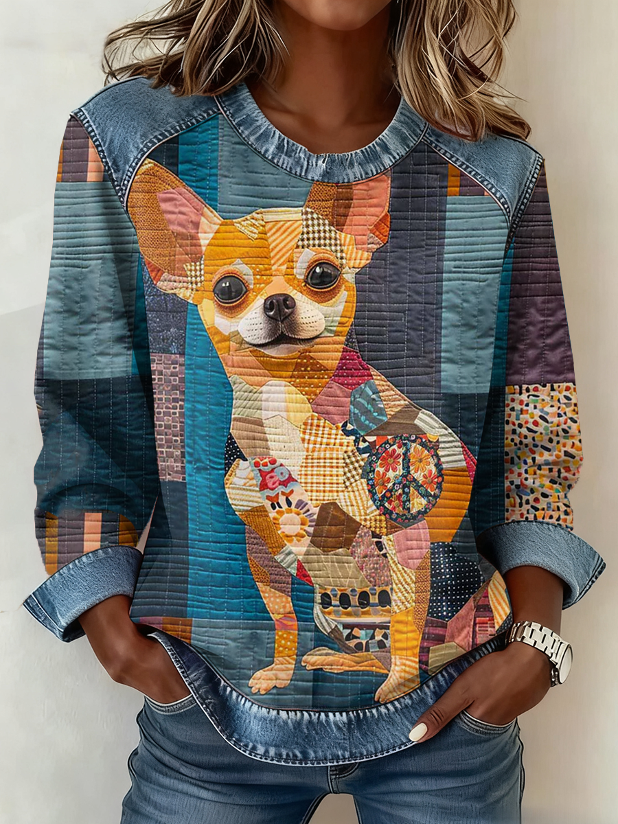 Women's Chihuahua Printed Denim Patchwork Top gracestitchs