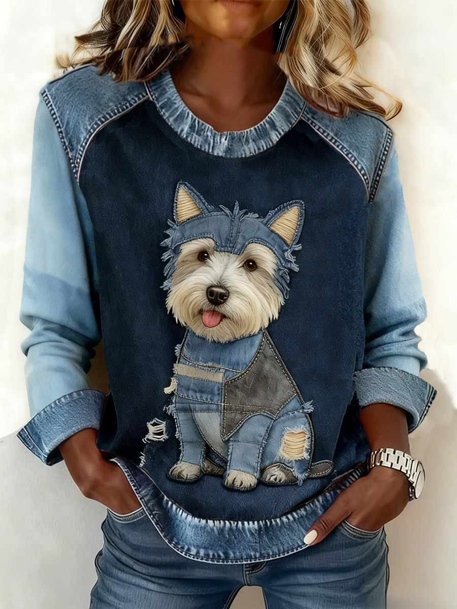 Women's Retro Animal Art Print Comfortable Denim Patchwork Top gracestitchs