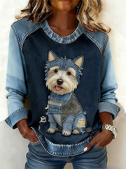 Women's Retro Animal Art Print Comfortable Denim Patchwork Top gracestitchs