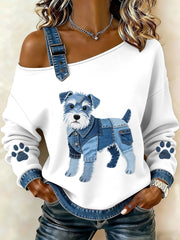 Women's Lovely Schnauzer Dog Pattern Denim Patchwork Top gracestitchs