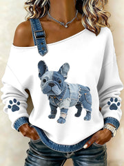 Women's Lovely French Bulldog Pattern Denim Patchwork Top