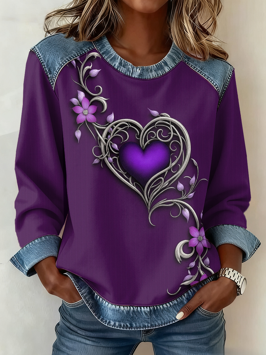 Women's Vintage Purple Floral Art Print Casual Denim Patchwork Top gracestitchs