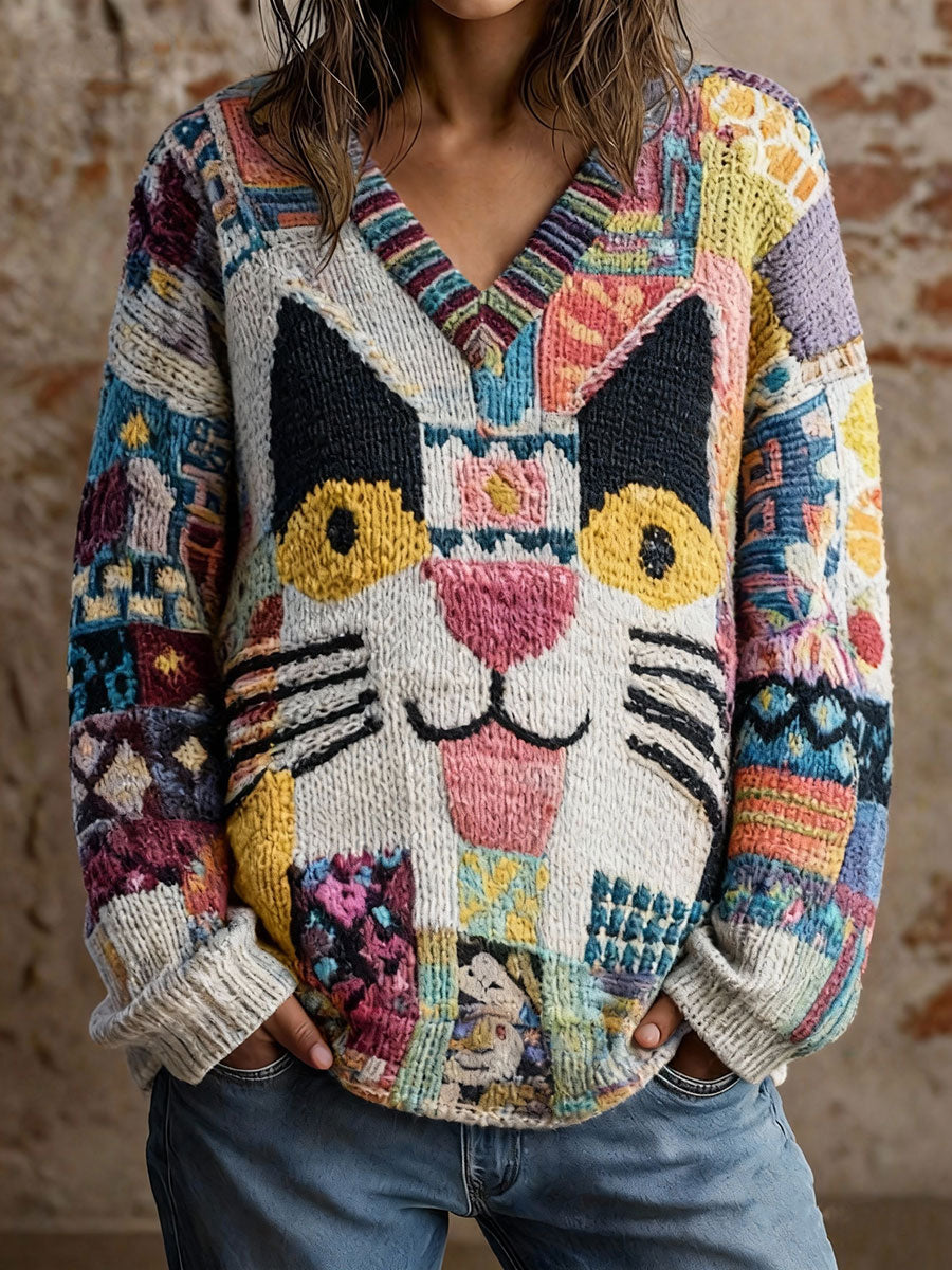 Women's Cat Art V-Neck Tops gracestitchs