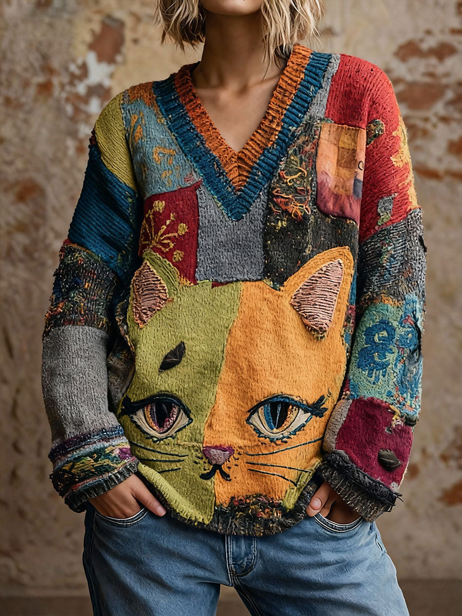 Women's Cat Art V-Neck Tops gracestitchs