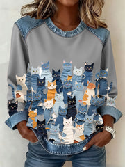 Women's Denim Kitten Sweatshirt gracestitchs