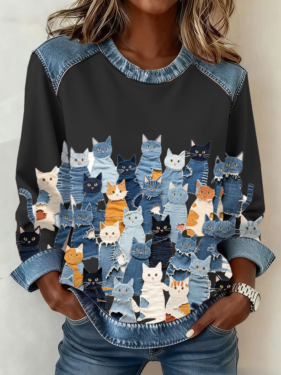 Women's Denim Kitten Sweatshirt gracestitchs