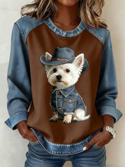 Women's Animal Lover Dog Print Denim Patchwork Top gracestitchs