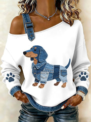 Women's Lovely Dachshund Pattern Denim Patchwork Top gracestitchs