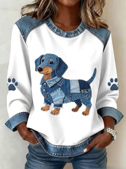 Women's Lovely Dachshund Pattern Denim Patchwork Sweatshirt gracestitchs