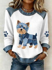 Women's Lovely Yorkshire Terrier Pattern Denim Patchwork Waffle Sweatshirt gracestitchs