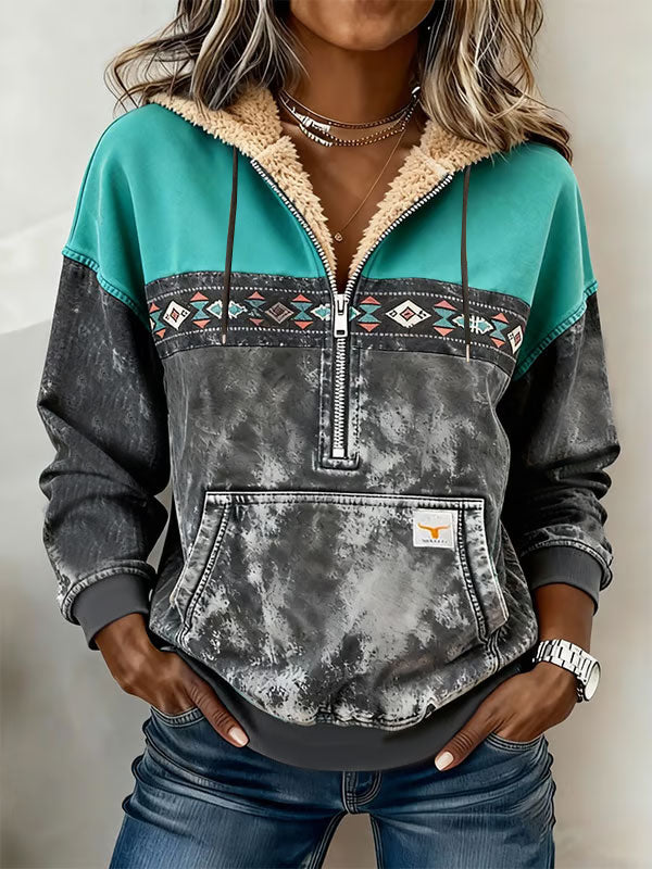 Women'S Vintage Western Ethnic Aztec Pattern Casual Hooded Sweatshirt gracestitchs