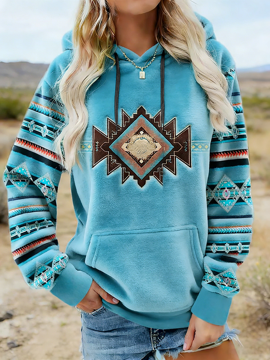 Women's Vintage Western Ethnic Aztec Pattern Casual Cozy Flannel Hooded Sweatshirt gracestitchs