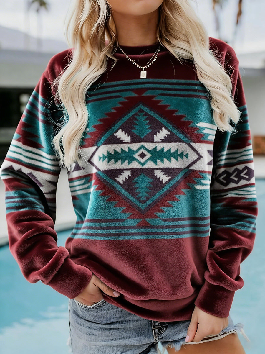 Women's Vintage Western Ethnic Aztec Pattern Casual Cozy Flannel Sweatshirt gracestitchs