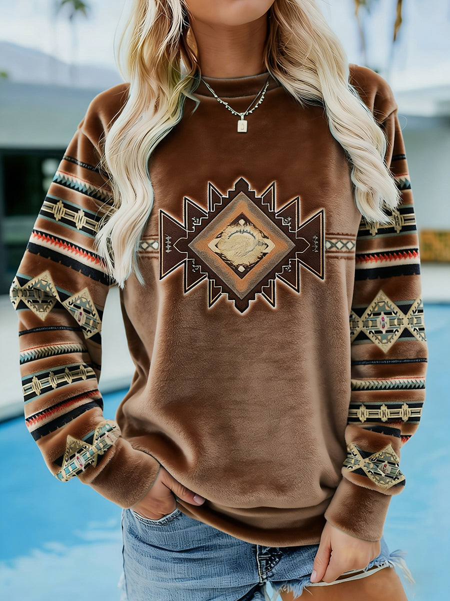 Women's Vintage Western Ethnic Aztec Pattern Casual Cozy Flannel Sweatshirt gracestitchs