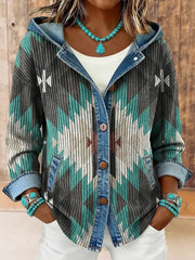 Women's Vintage Western Aztec Print Hooded Patchwork Jacket gracestitchs