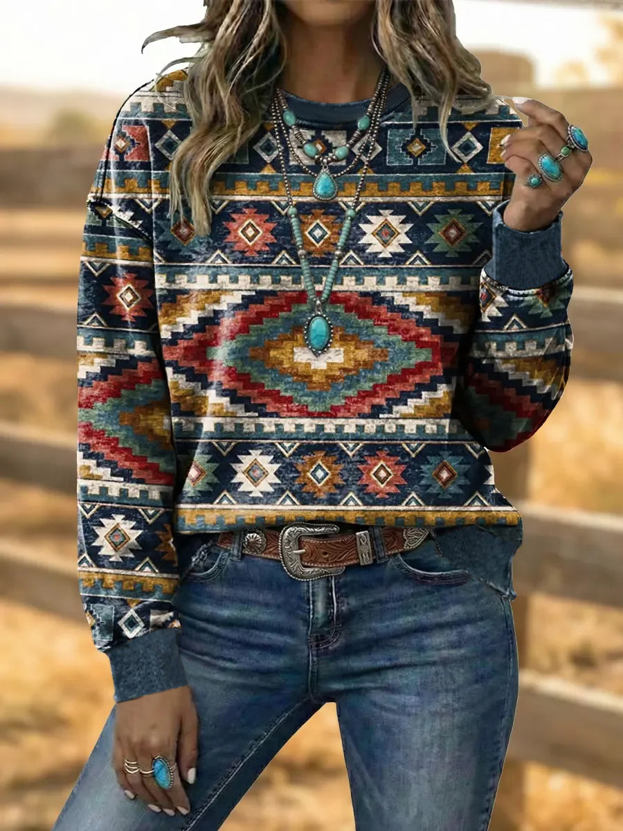 Women's Vintage Western Aztec Art Drawstring Sweatshirt gracestitchs