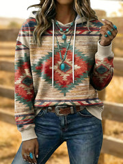 Women's Vintage Western Aztec Art Drawstring Hoodie gracestitchs