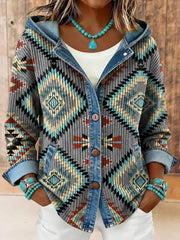 Women's Vintage Western Aztec Print Hooded Patchwork Jacket gracestitchs