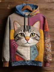 Women's Vintage Patchwork Cat Print Art Casual Hoodie gracestitchs