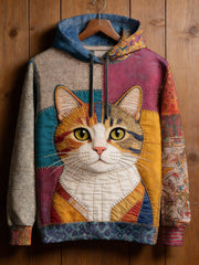 Women's Vintage Patchwork Cat Print Art Casual Hoodie gracestitchs
