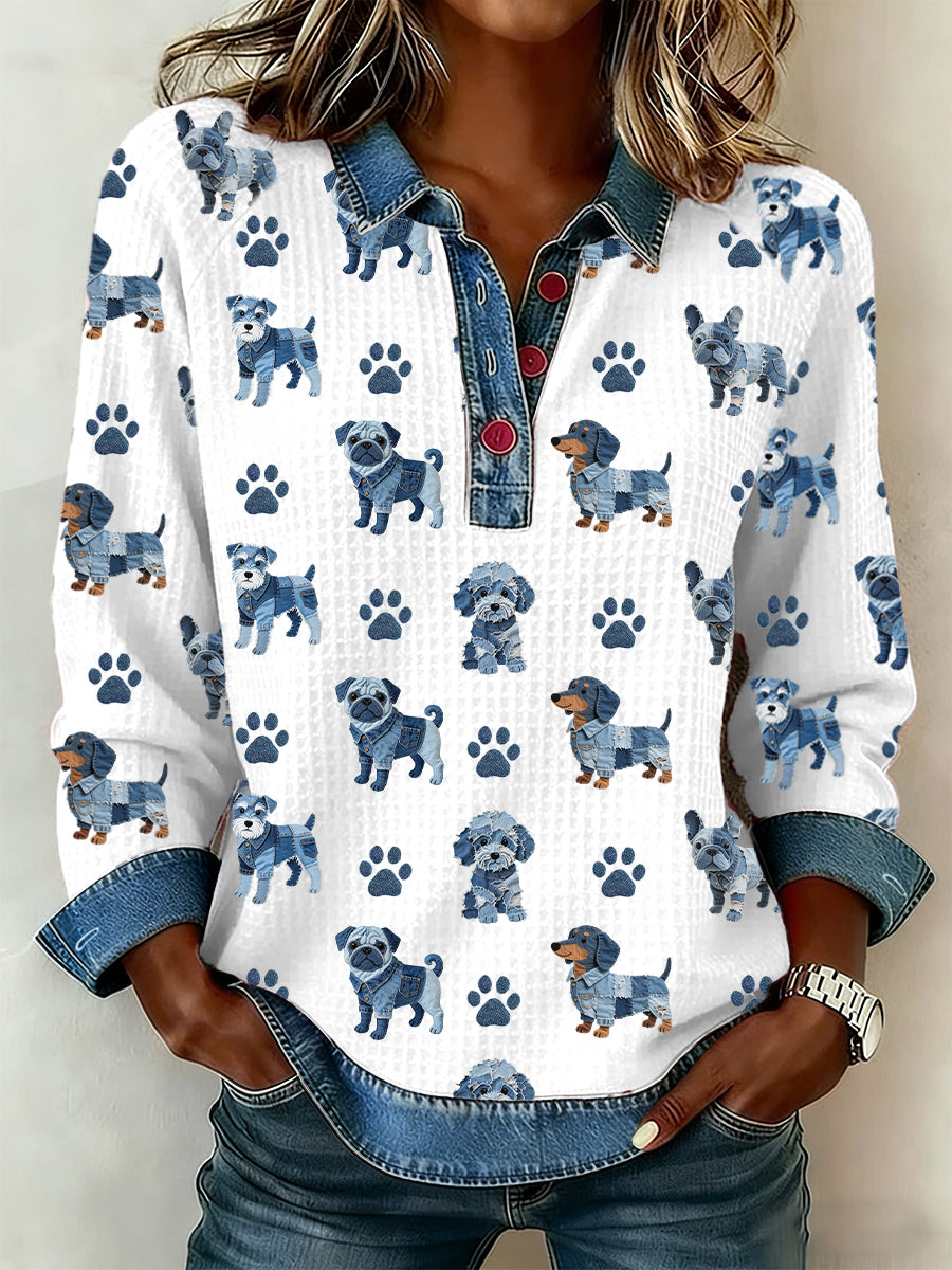 Women's Lovely Dog Pattern Denim Patchwork Top gracestitchs