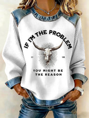 Women's If I'm The Problem Print Denim Patchwork Top gracestitchs