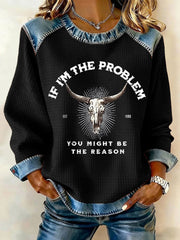 Women's If I'm The Problem Print Denim Patchwork Top gracestitchs