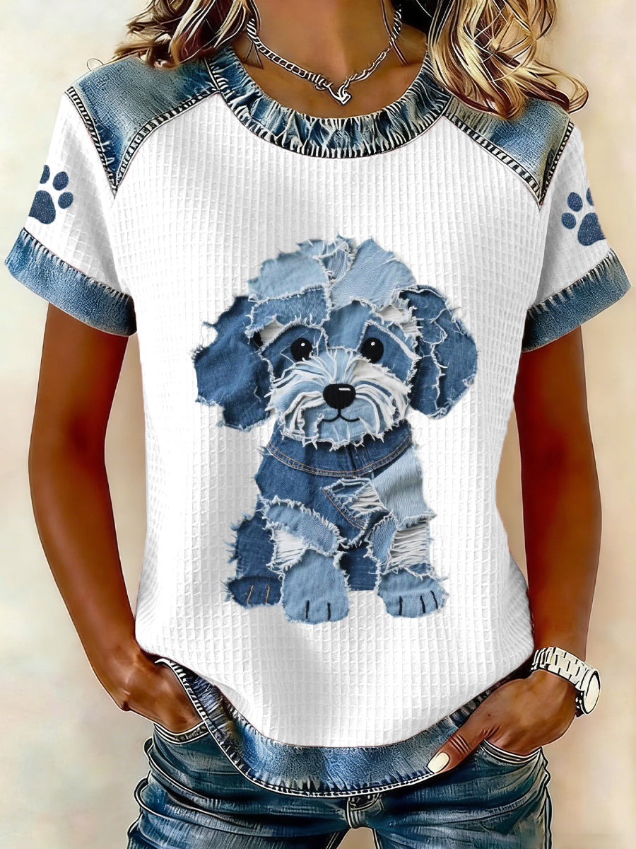 Women's Lovely Dog Pattern Denim Patchwork Top gracestitchs