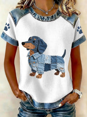 Women's Lovely Dachshund Pattern Denim Patchwork Top gracestitchs