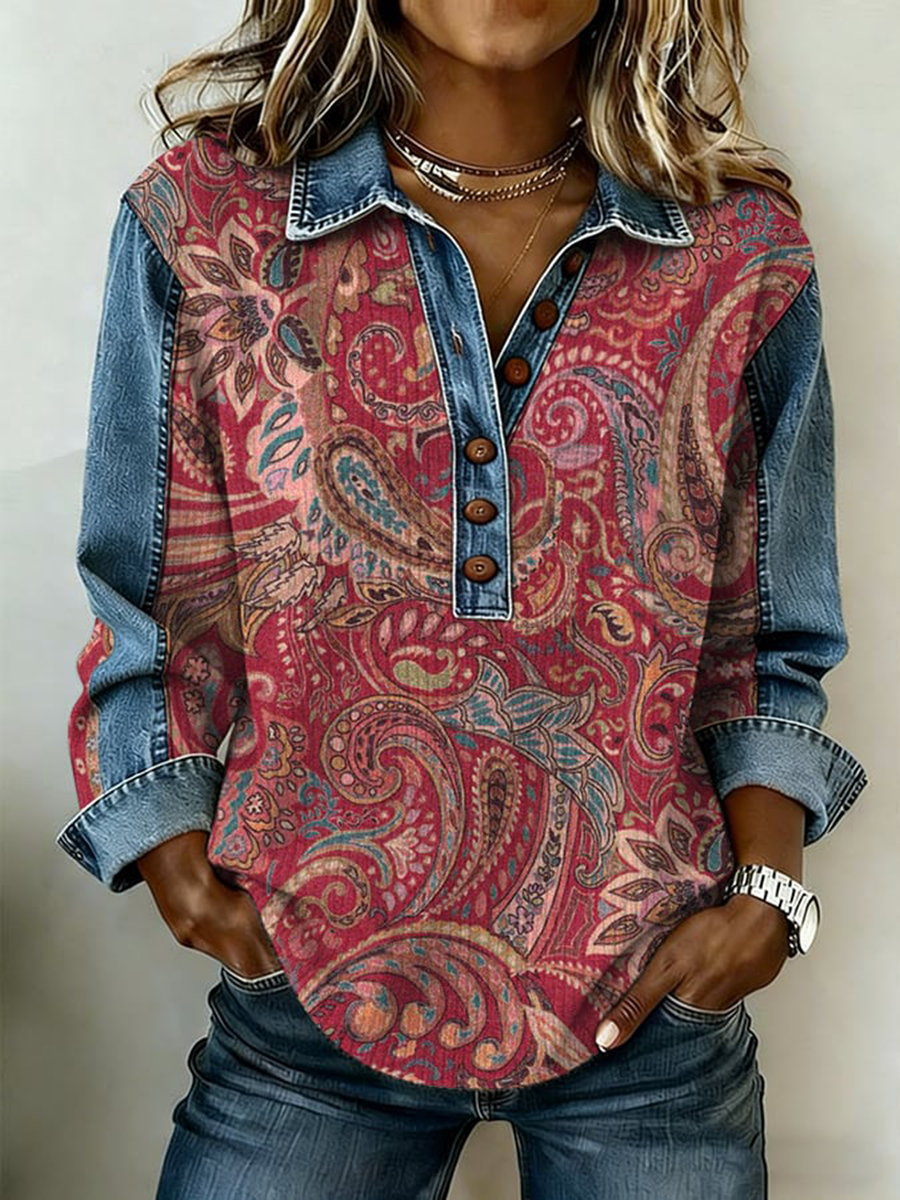 Women's Western Pattern Denim Patchwork Top gracestitchs
