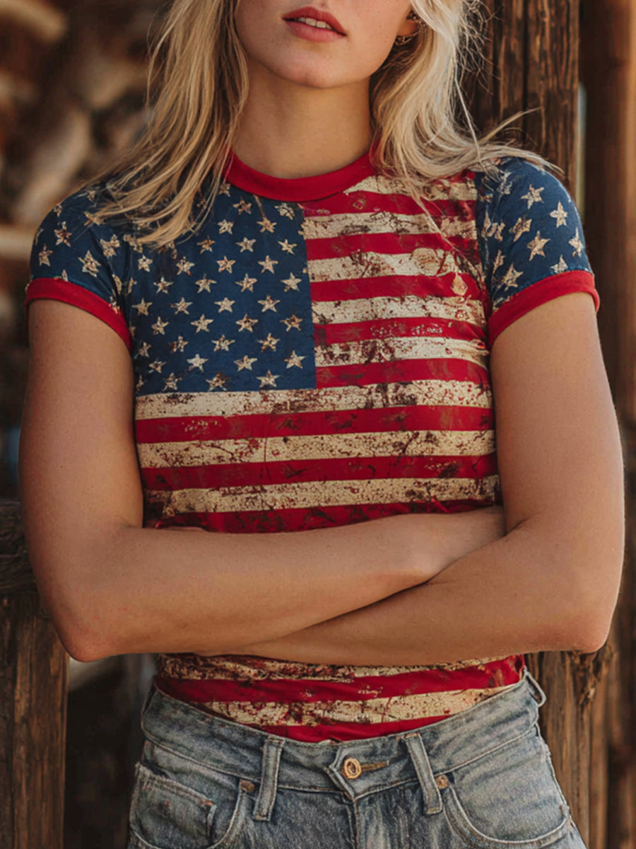 Women's American Flag Inspired Print Vintage T-Shirt gracestitchs