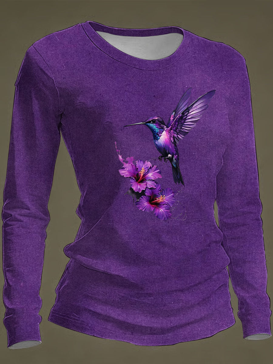 Women's Purple Art Print Casual Long-Sleeve T-Shirt gracestitchs